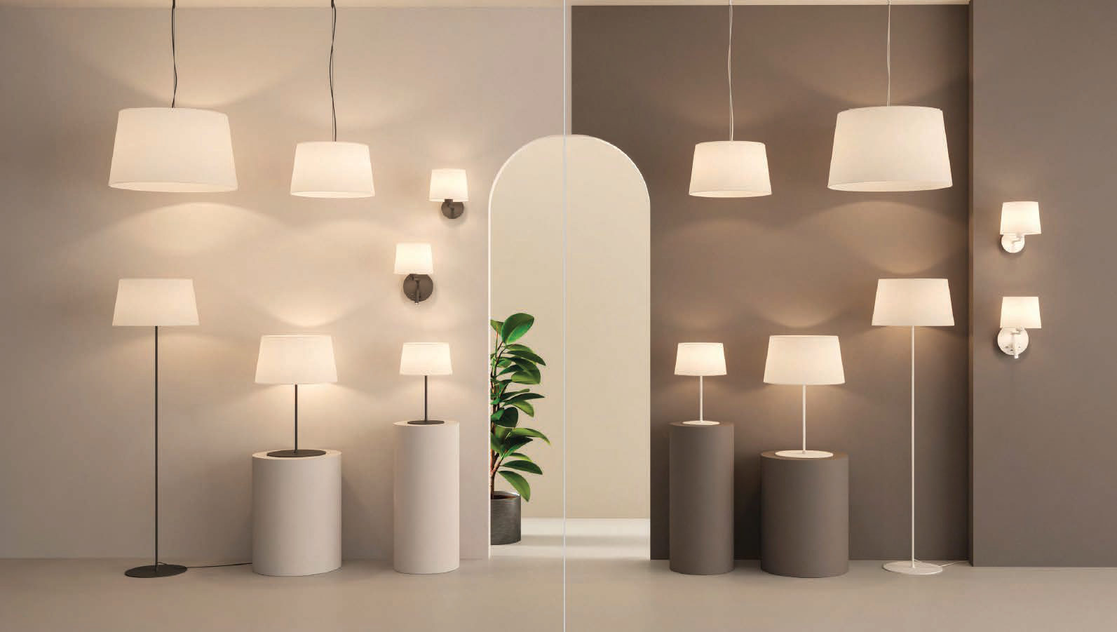 A curated wall of table lamps in warm light