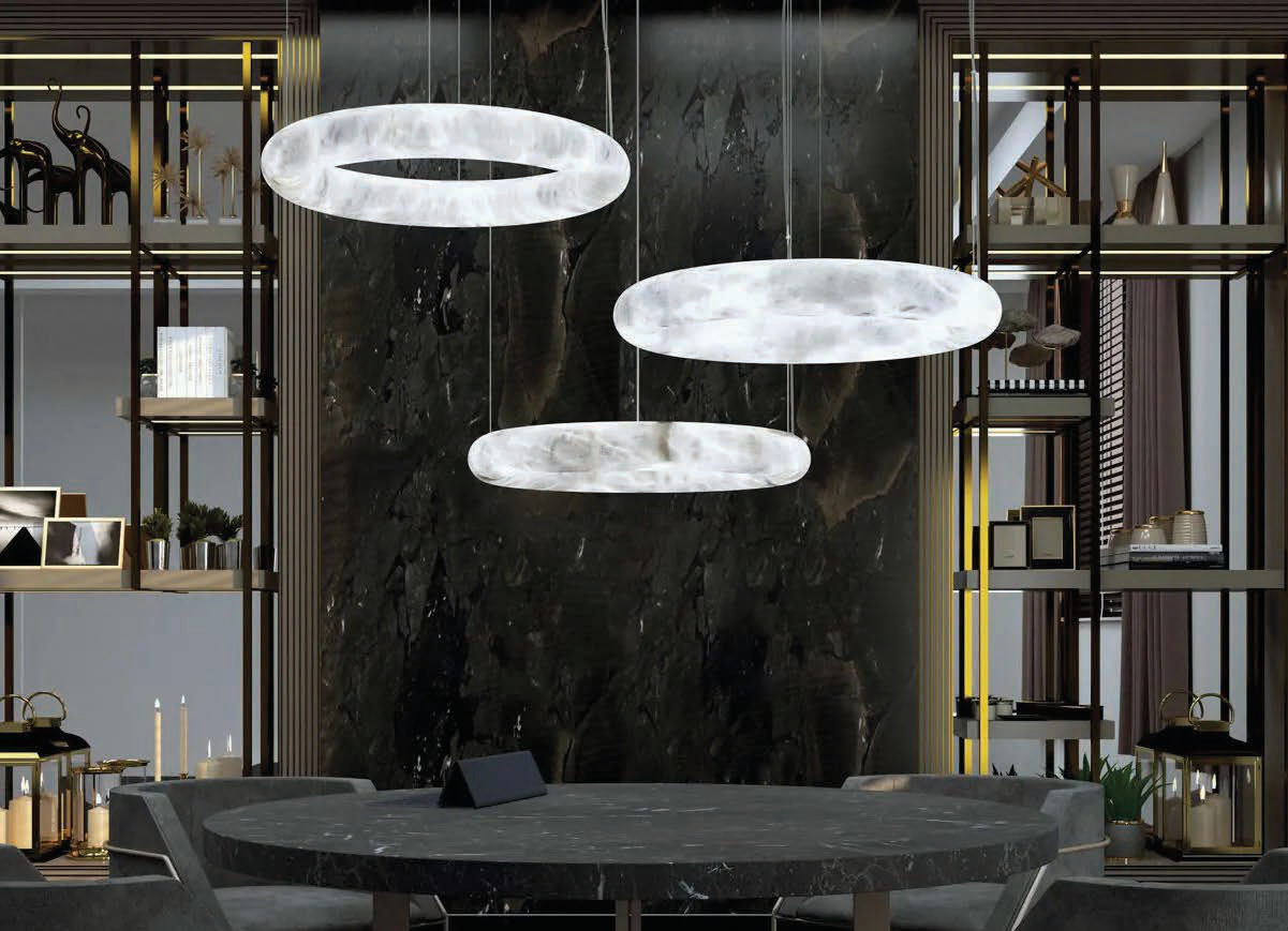 Hotel lounge with alabaster rings